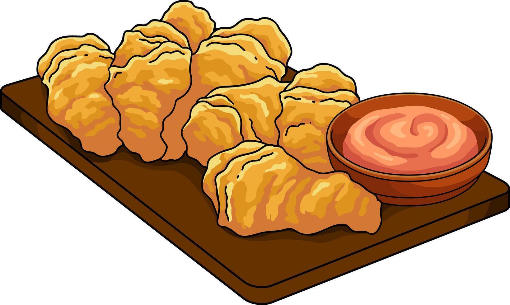 Fried Chicken Nuggets On Wooden Tray With Dipping Sauce vector