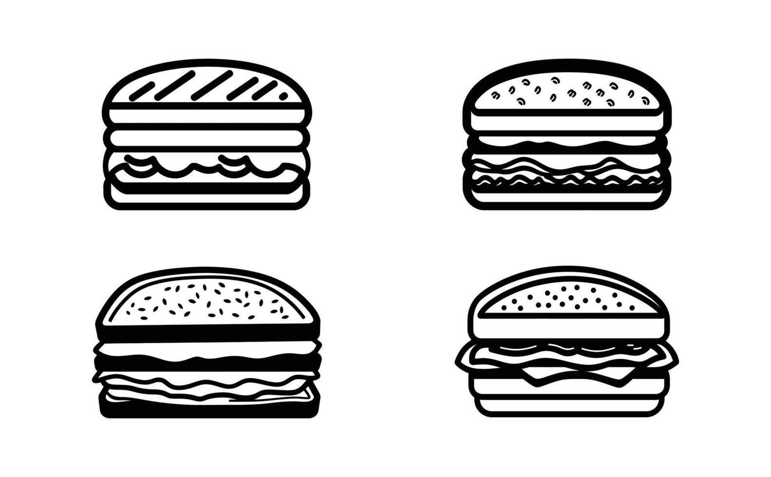 Four hamburgers are shown in black and white vector