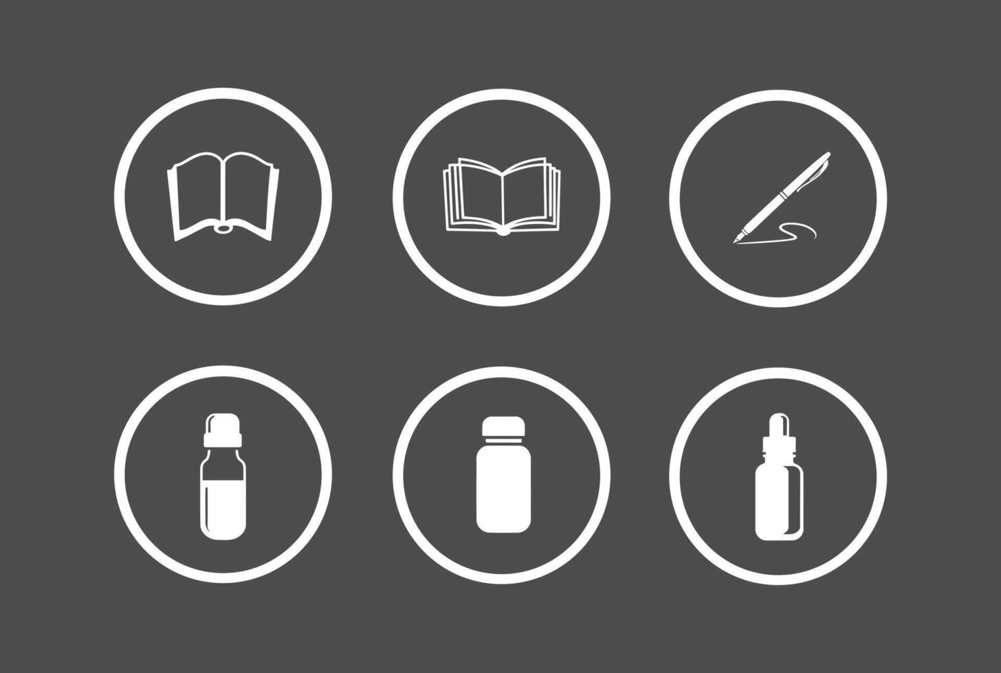 Knowledge icon set, open book, writing pen, medicine bottles vector