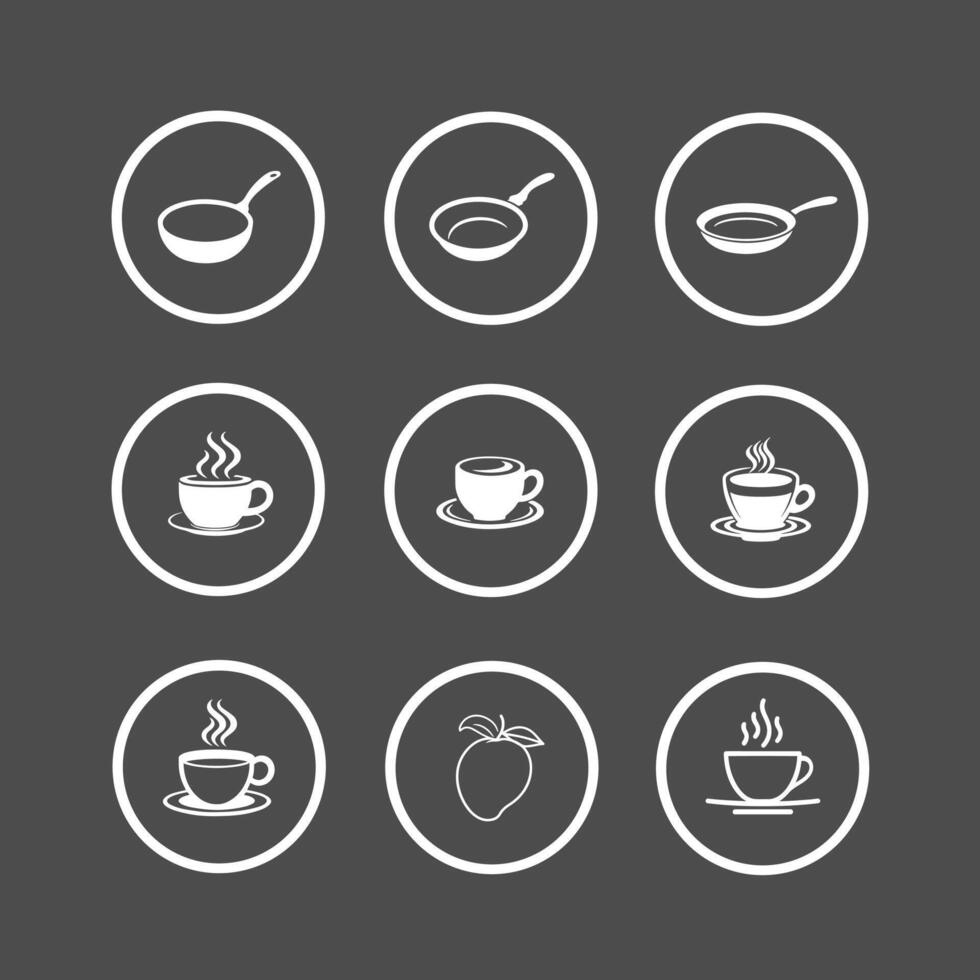 Kitchen icon set, cup of tea, cooking pan, mango vector