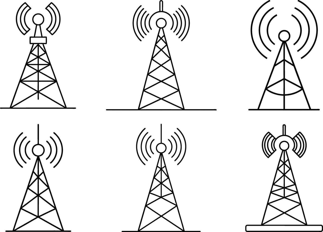 Antenna Tower Silhouette Wireless Signal Icon Set vector