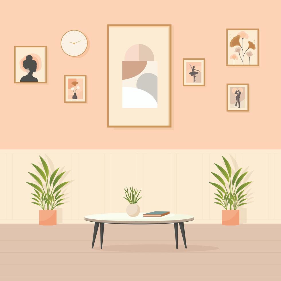 living room interior design with wall pictures and table flat illustration. vector