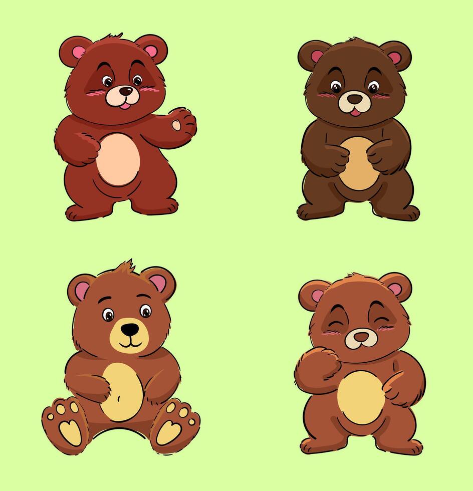 Bear character standing Set of cute Brown, sitting, cartoon illustration isolated on white background. Baby bears hand drawn. elements for design printing vector
