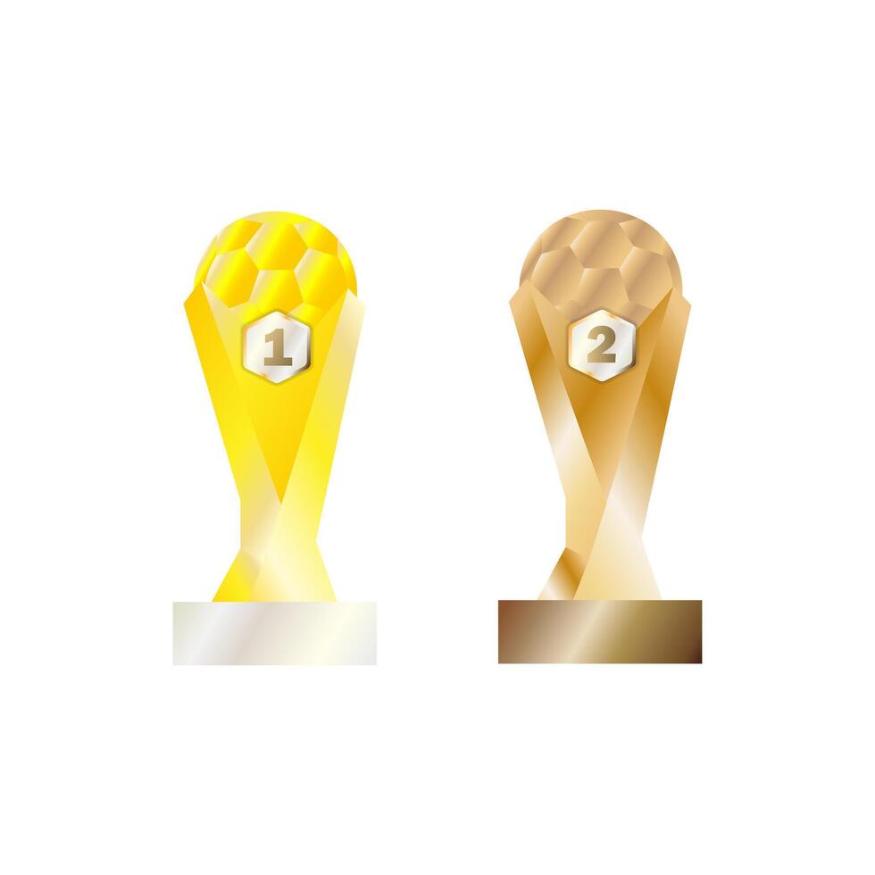 Gold and silver soccer trophies with number 1 and 2 on white background. Digital illustration for sports competition and awards concept. Design for poster, banner, greeting card, invitation, print vector