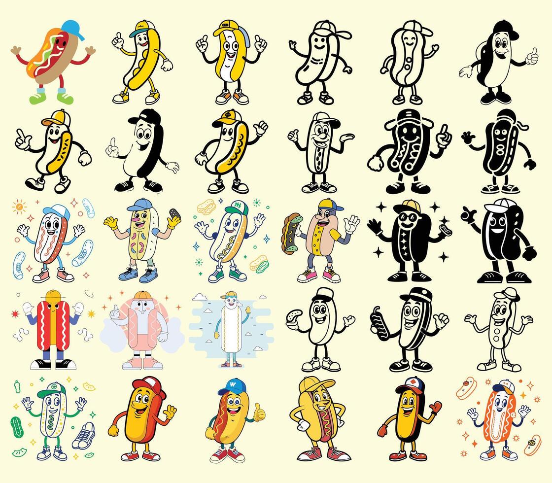 Cartoon Hot Dog Characters Collection Smiling Fast Food Mascot Set with Caps and Shoes vector