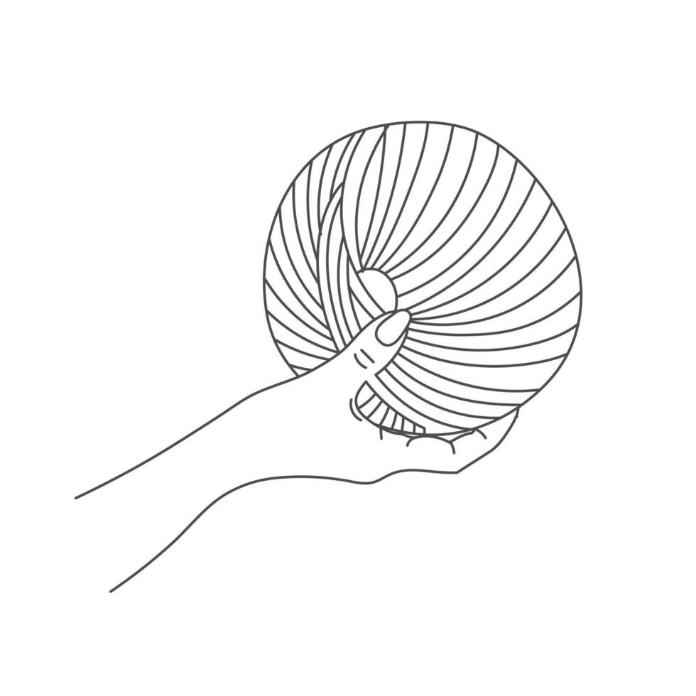 Knitting icon, female hand with hook and thread. Line art, sketch vector