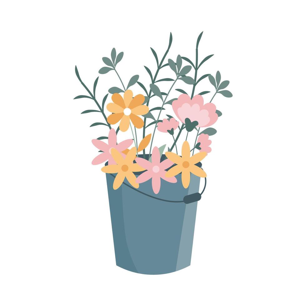 Bucket with a cute bouquet of spring flowers. Illustration, spring postcard. vector