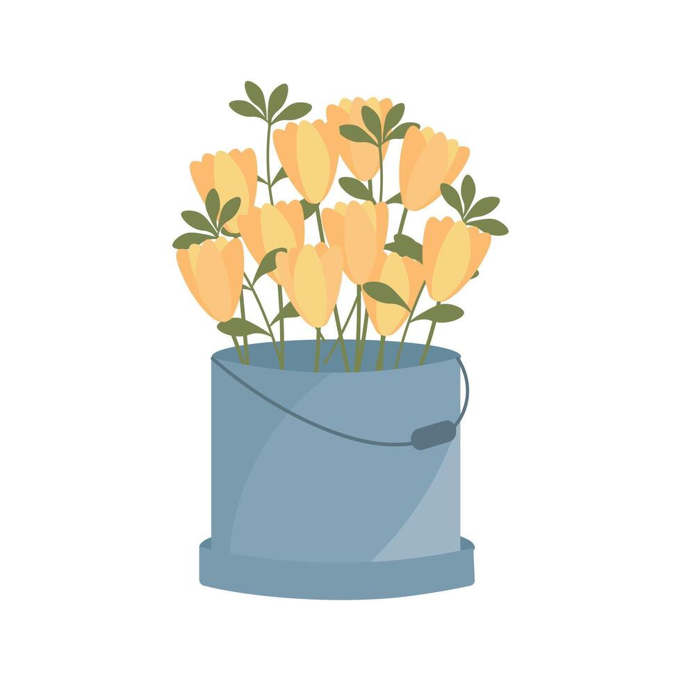 Bucket with a cute bouquet of spring flowers. Illustration spring postcard vector