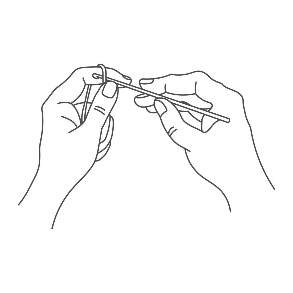 Knitting icon, female hands with hook and thread. Line art, sketch, clip art vector