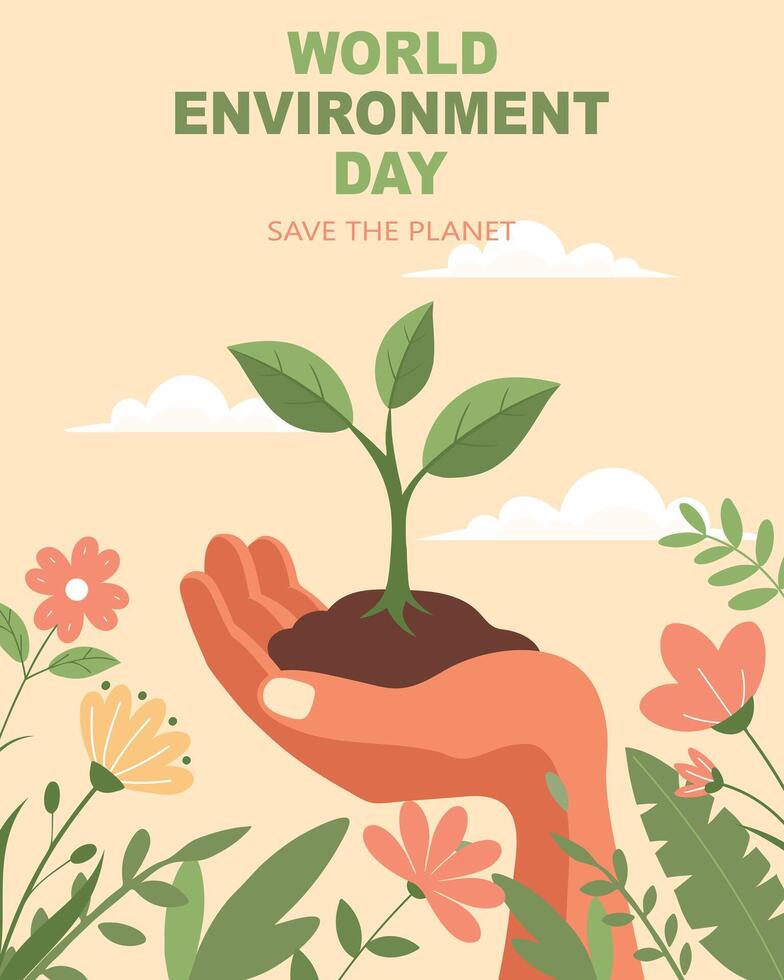 World Environment Day banner. Hand with a growing plant, environmental protection. Flat style vector