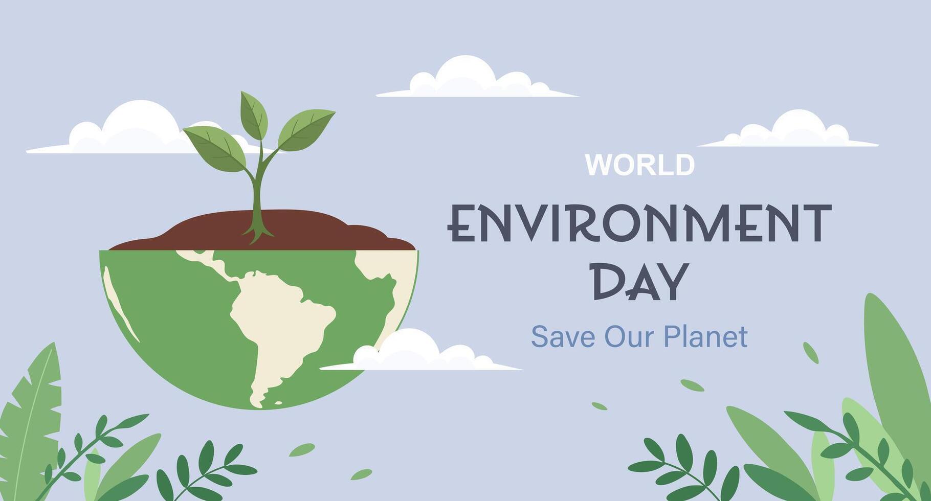 World Environment Day banner. Planet with a growing plant, environmental protection. Illustration. vector