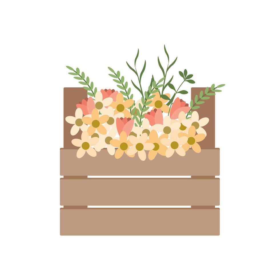 Wooden box with a cute bouquet of spring flowers. Illustration, spring postcard vector