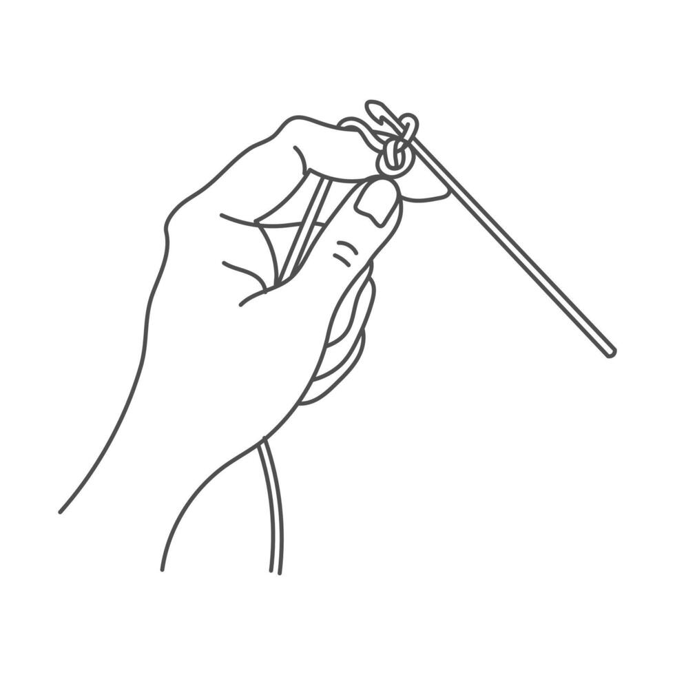 Knitting icon, female hand with hook and thread. Line art, sketch, clip art vector