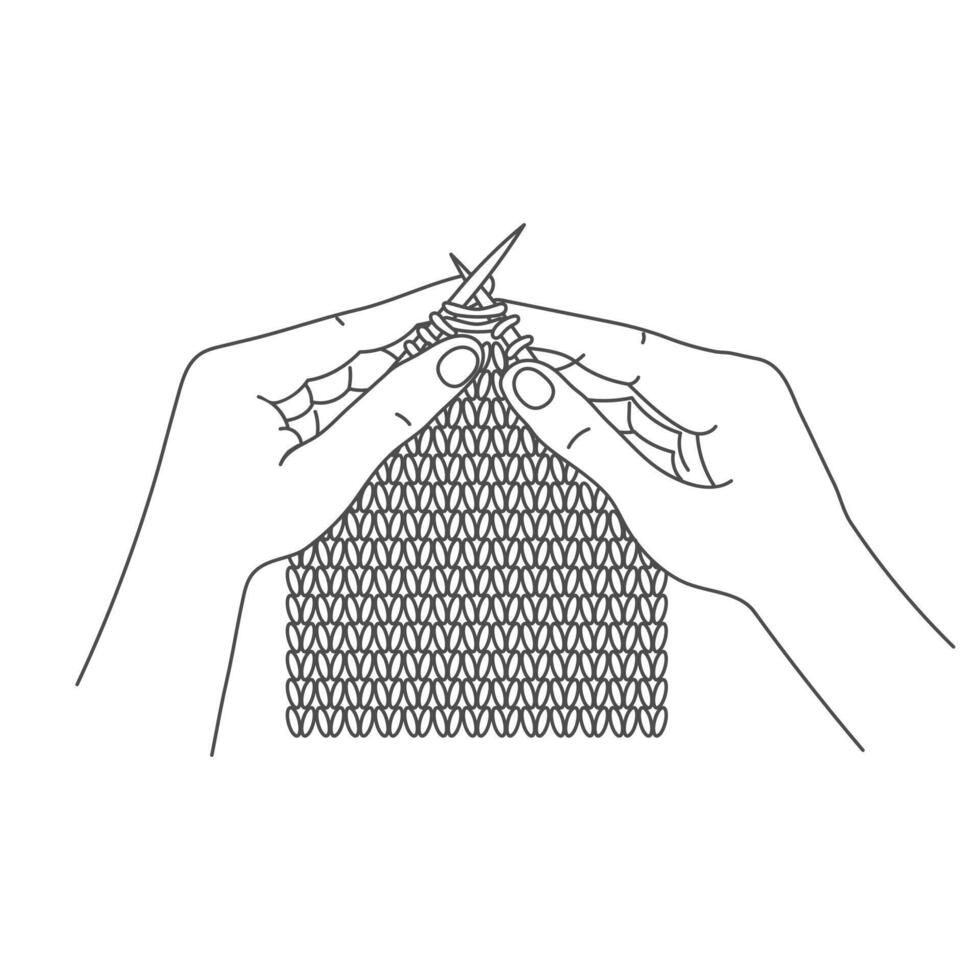 Knitting icon, hands with knitting needles and threads. Line art, sketch, clip art vector