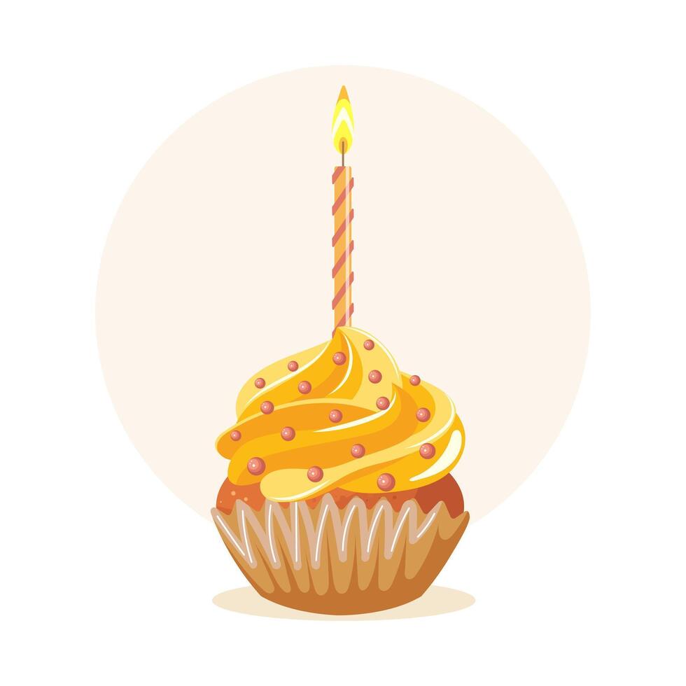Festive cupcake with berries and a candle. Happy birthday card, illustration. vector