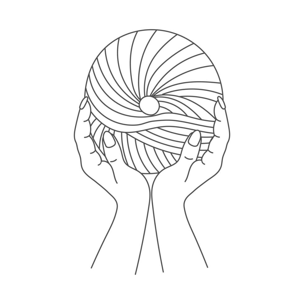 Knitting icon, female hands with hook and thread. Line art, sketch vector