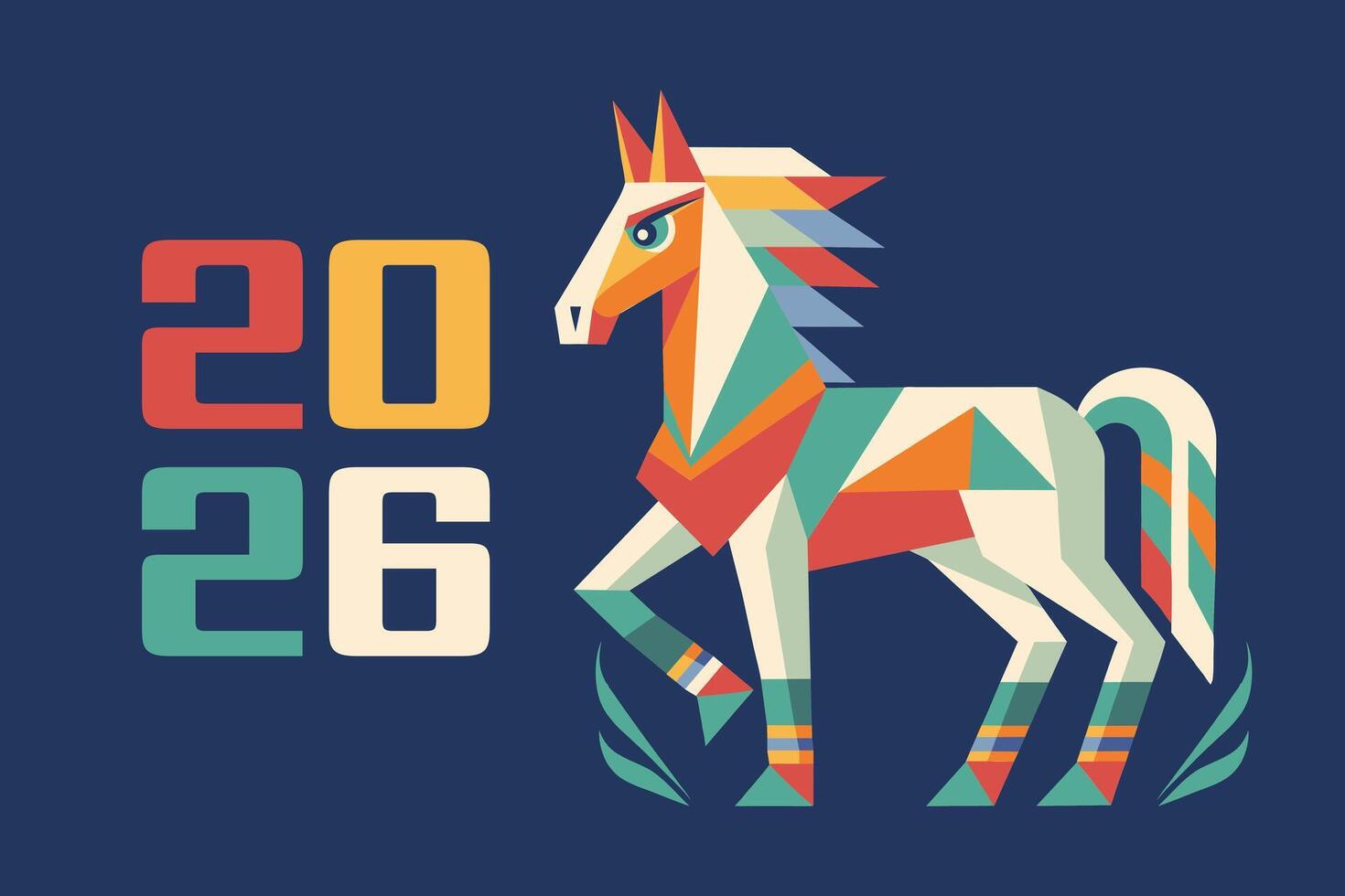 Happy New Year background with a geometric polygonal horse silhouette. Year of the Horse. Greeting card. Illustration. vector