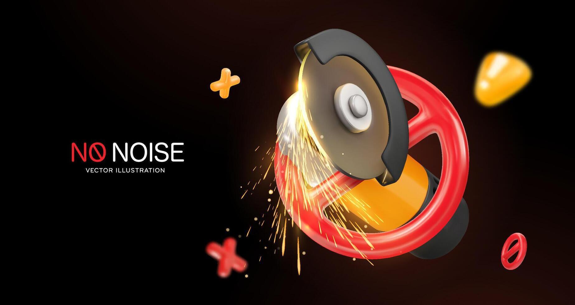 Prohibition angle grinder use. 3D illustration of grinder with prohibition symbols, indicating no loud sounds, no sparks, safety precautions. Hazard and workplace safety. illustration. vector