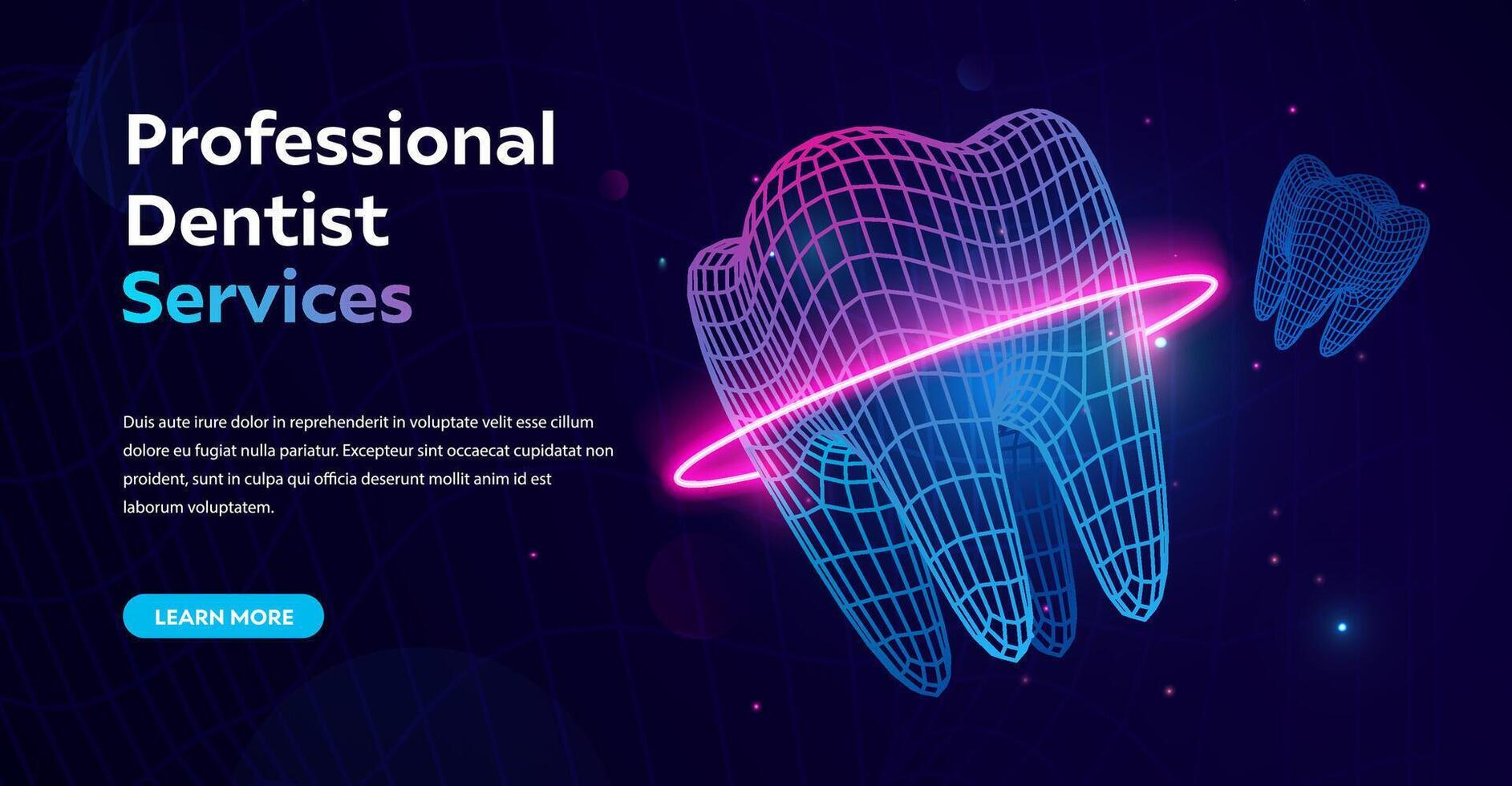 Professional dentistry service banner. Futuristic wireframe tooth with neon glowing ring, dentistry and modern technology. Dental care concept, innovation, medical advancements. illustration vector