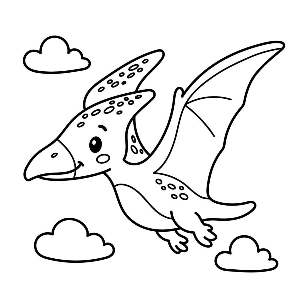 Happy pterodactyl flying in the sky coloring page for kids, ideal for fun dino-themed activities vector