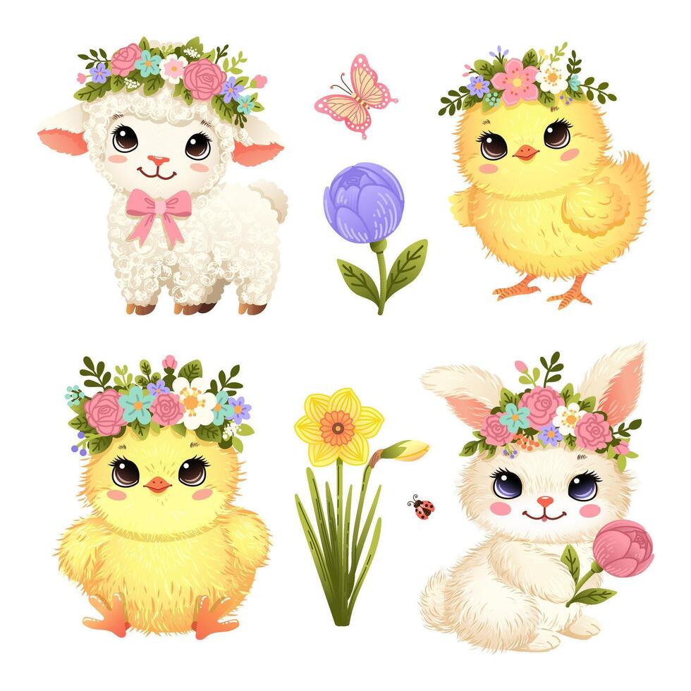 Adorable spring animals with flower crowns, perfect for Easter and seasonal decoration ideas vector