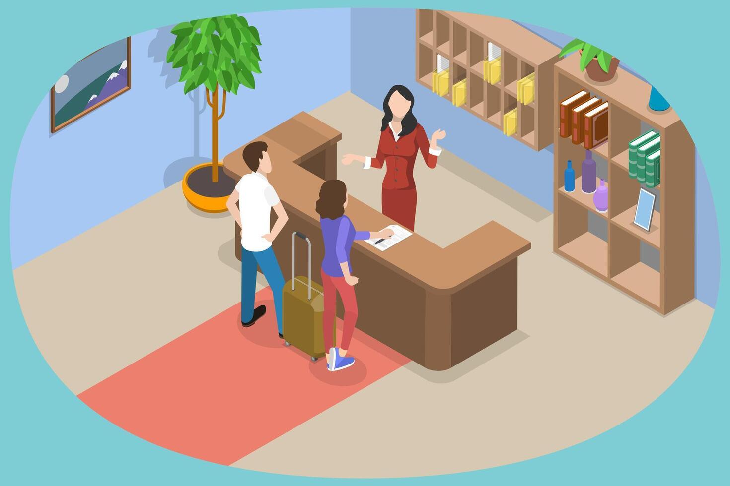 3D Isometric Flat Conceptual Illustration of Receptionist, Tourists or Travellers at Hotel Lobby vector