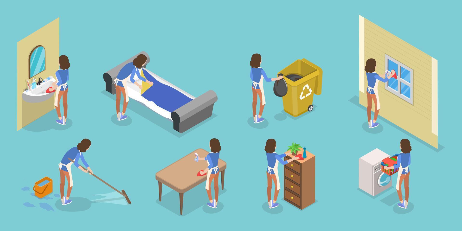 3D Isometric Flat Set of Household Chores, Housekeeping Activities vector