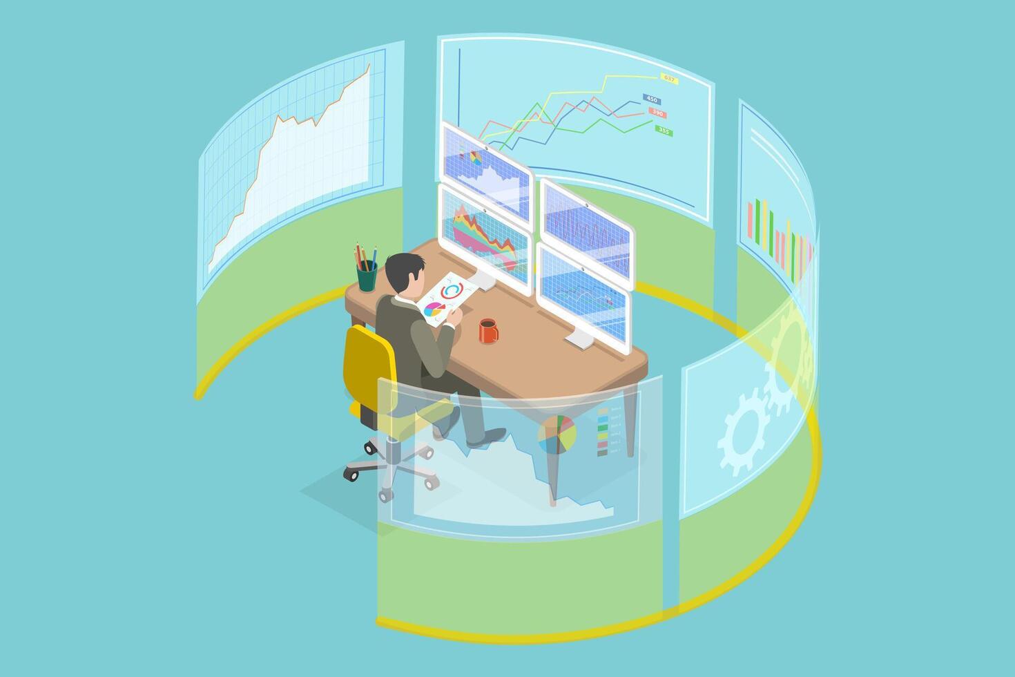 3D Isometric Flat Conceptual Illustration of Working Trader or Broker , Trading Market or Investment vector