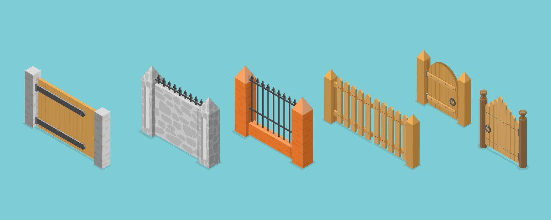 3D Isometric Flat Set of Terrace Fences and Gates, Architecture Eexterior Elements vector