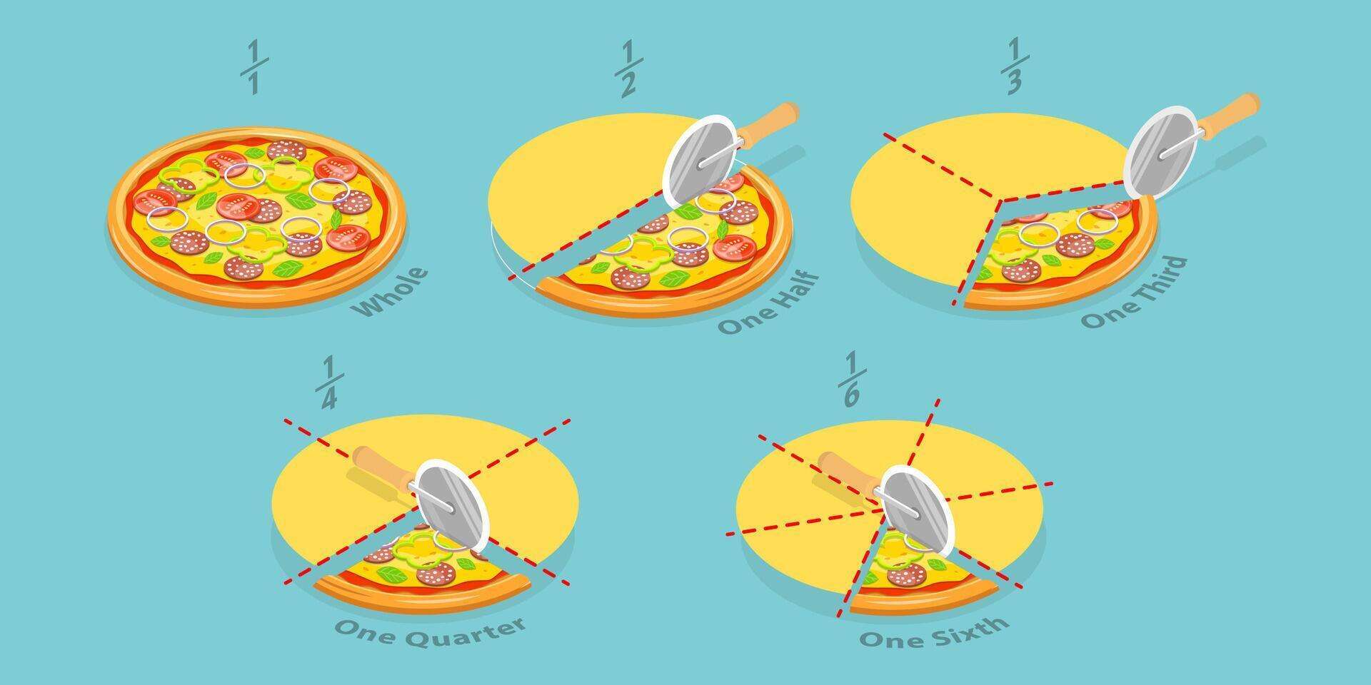 3D Isometric Flat Conceptual Illustration of Mathematics for Kids, Cut Pizza Fractions vector