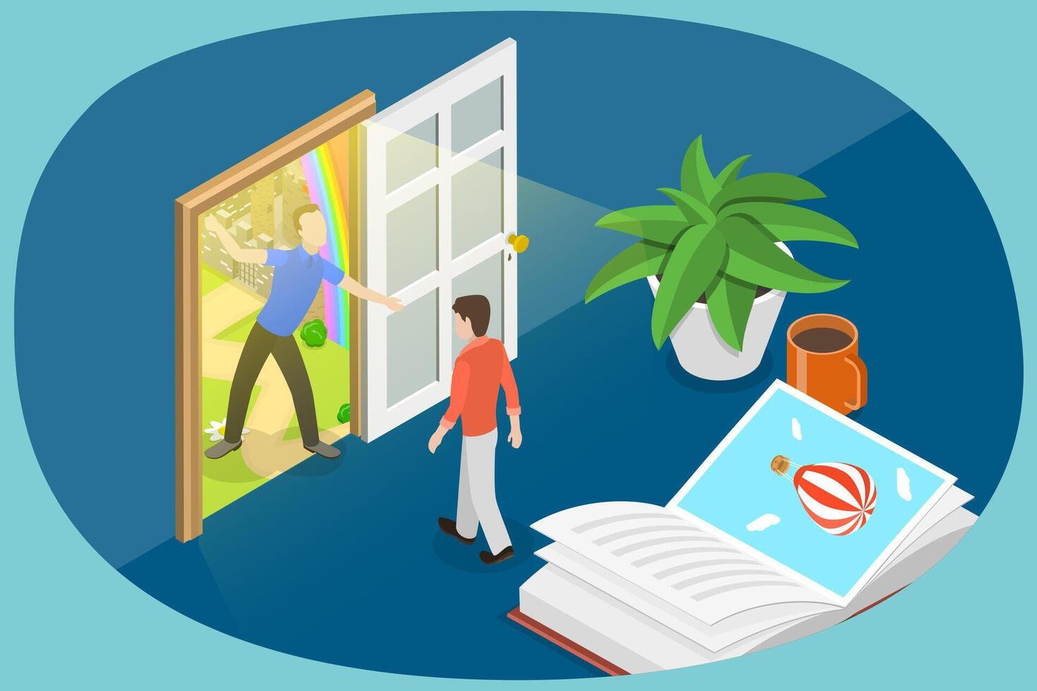 3D Isometric Flat Conceptual Illustration of Adventure Door, Fantasy, Imagination and Inspiration vector