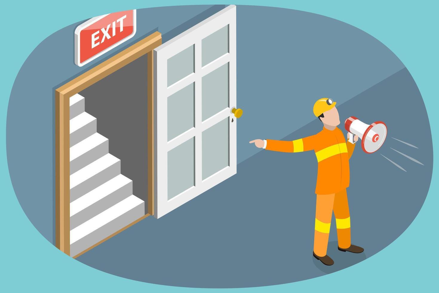 3D Isometric Flat Conceptual Illustration of Emergency Evacuation Drill, Building Evacuation Procedure, Workplace Emergency Escape Training vector