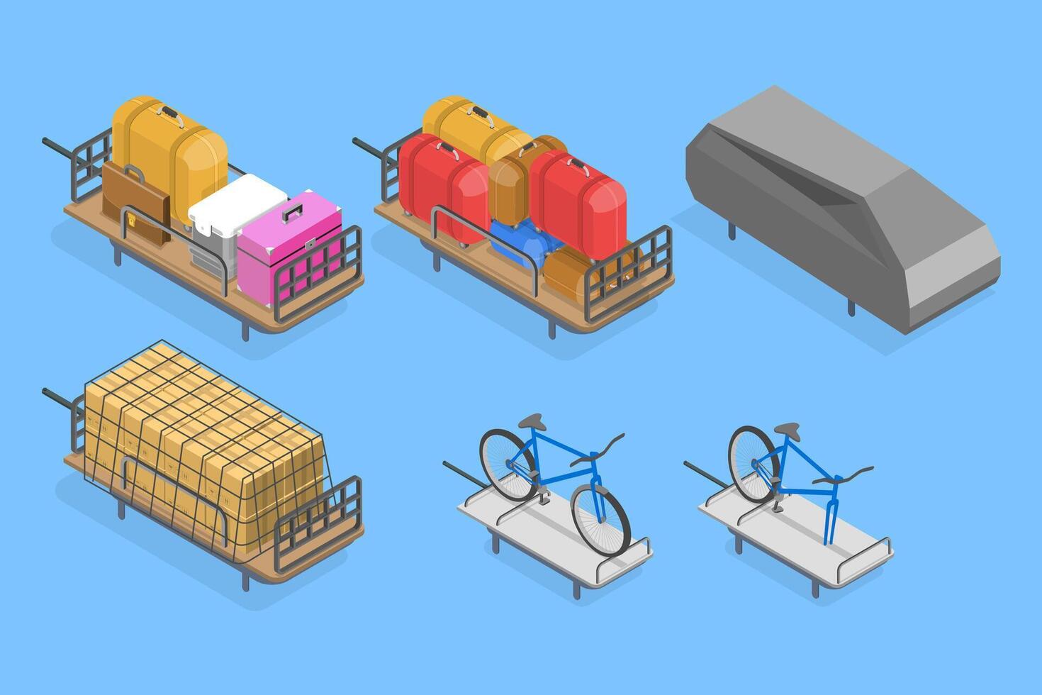 3D Isometric Flat Set of Car Roof Storage, Transporting Bicycles vector