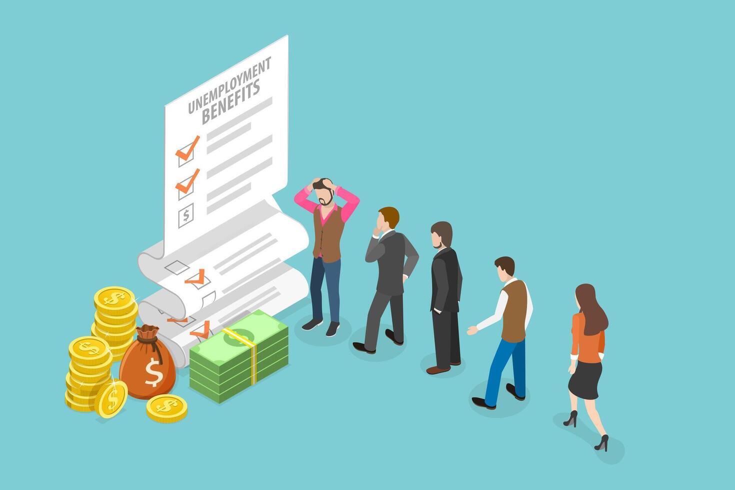 3D Isometric Flat Conceptual Illustration of Unemployment Benefits, Government Financial Support vector