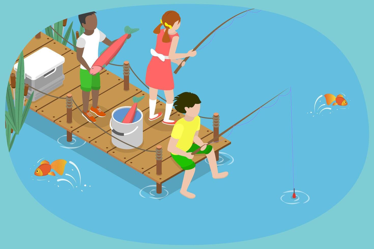 3D Isometric Flat Conceptual Illustration of Children Fishermen, Summer Vacation at River or Lake vector