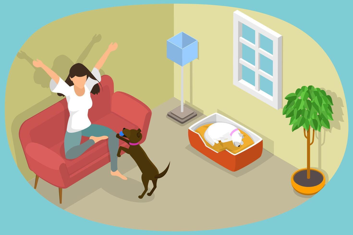 3D Isometric Flat Conceptual Illustration of Pet at Home, People and Domestic Animals vector