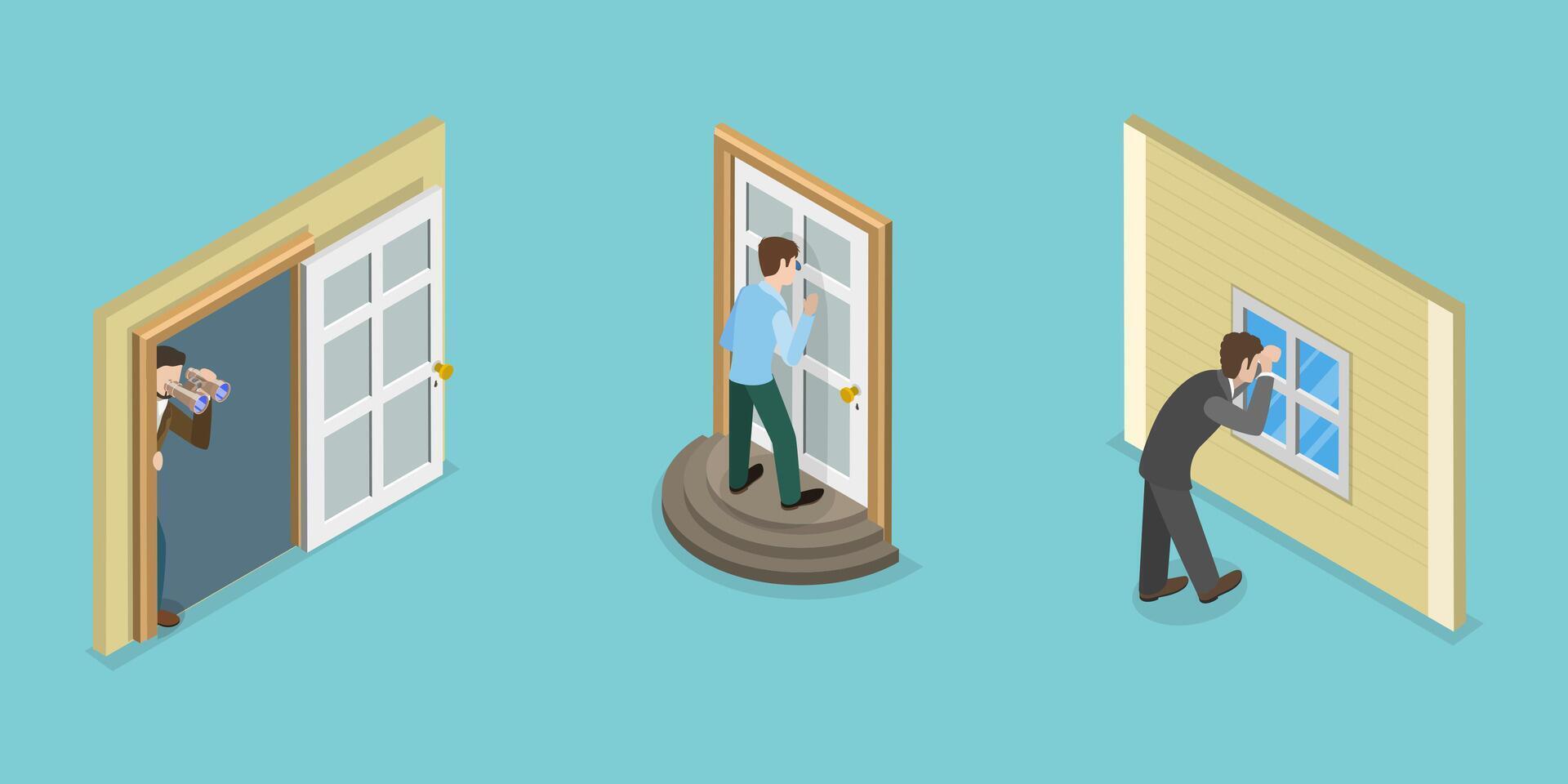 3D Isometric Flat Set of Peeking People, Hiding and Spying vector