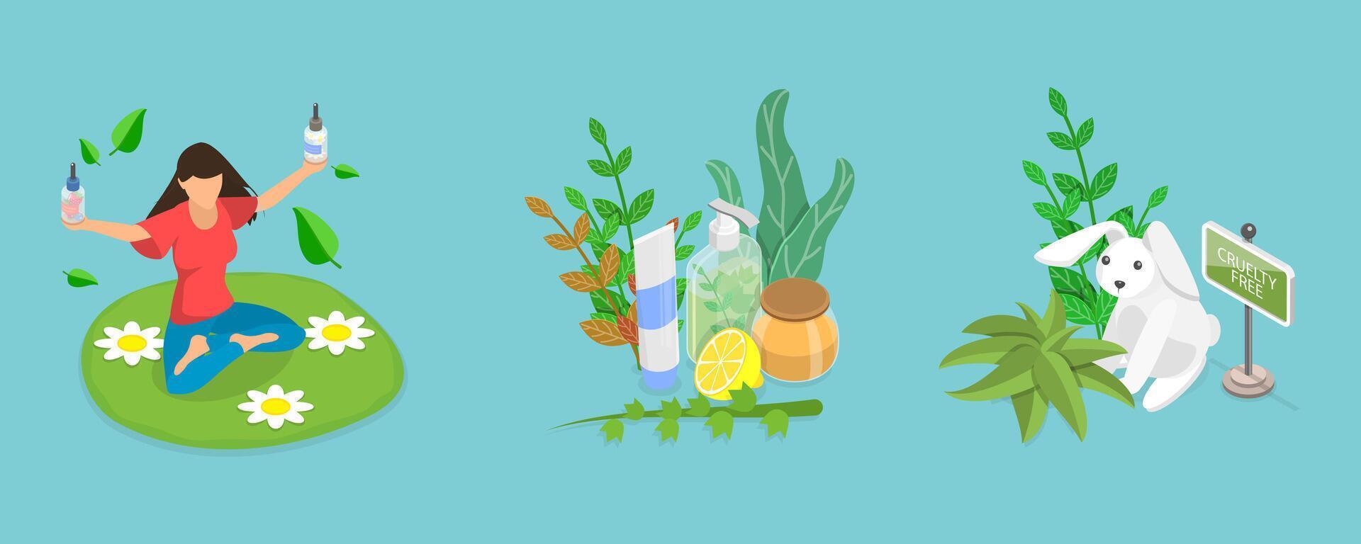 3D Isometric Flat Conceptual Illustration of Vegan Cosmetic, Everyday Skin Care vector