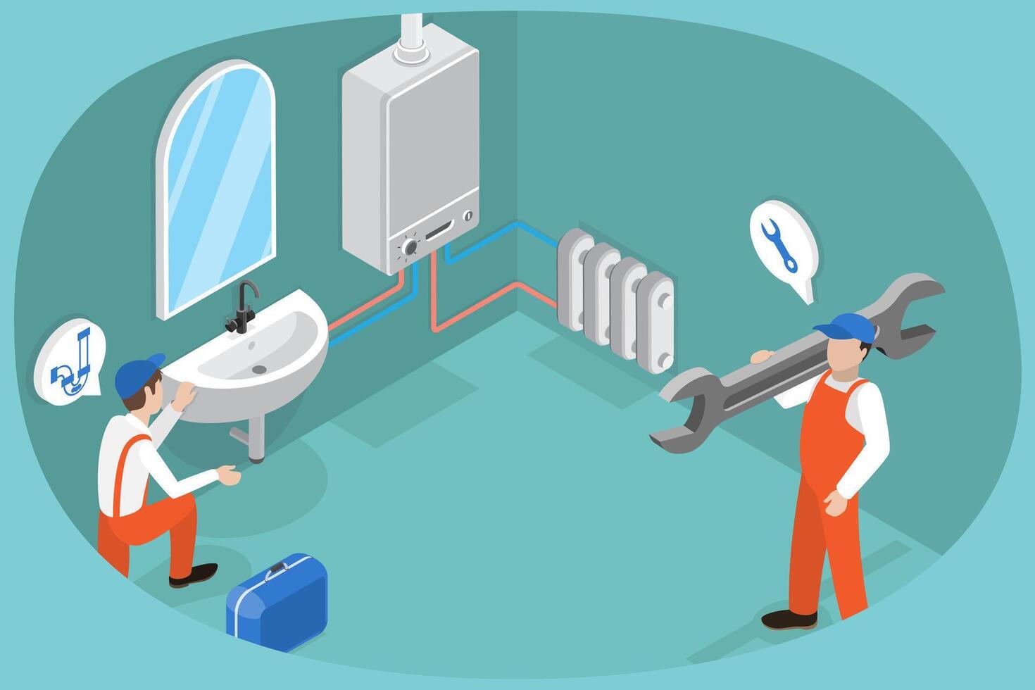 3D Isometric Flat Conceptual Illustration of Professional Plumber, Repair of Heating System, Boiler, Heating Batteries vector