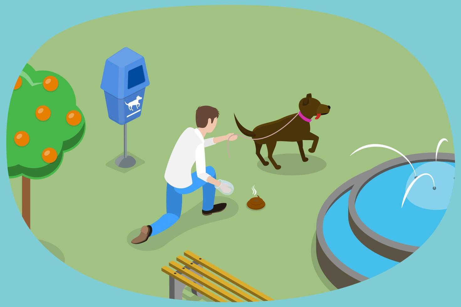 3D Isometric Flat Conceptual Illustration of Clean Up After Your Dog, Pet Owner Picking up His Dogs Poo vector