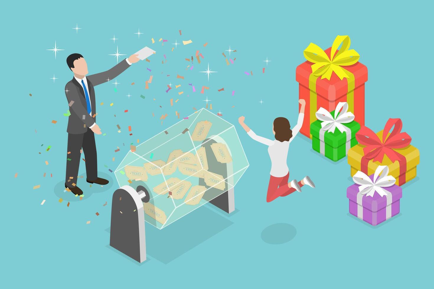 3D Isometric Flat Conceptual Illustration of Lottery Draw, Lucky Girl Winning a Prize vector