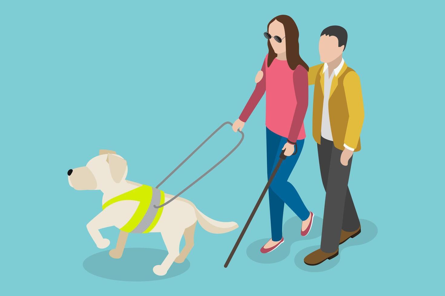 3D Isometric Flat Conceptual Illustration of Guide Dog, Blind Woman with a Animal Escort vector