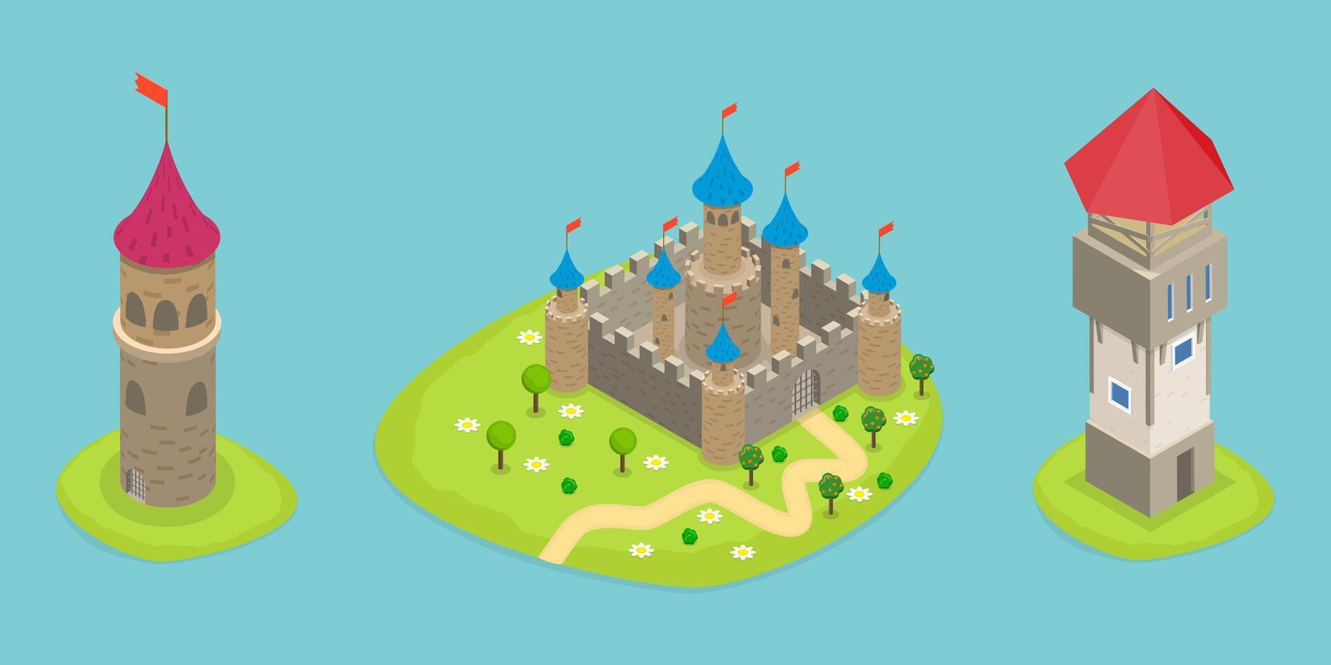 3D Isometric Flat Set of Medieval Castles, Fortresses and Towers vector