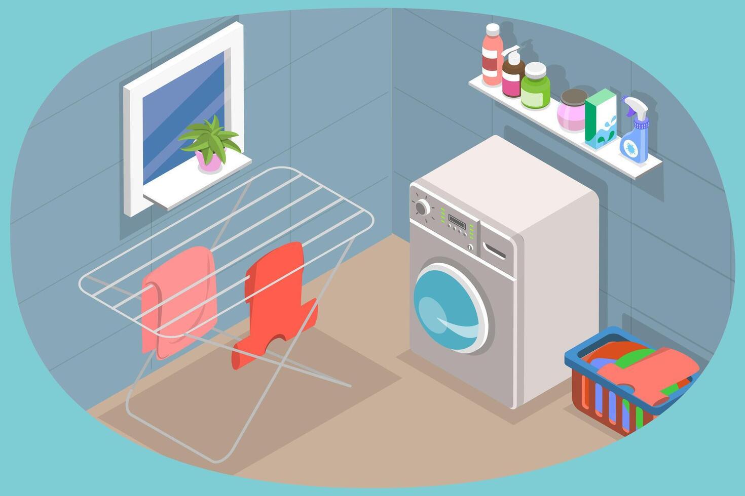 3D Isometric Flat Conceptual Illustration of Laundry Room Interior, Household scene with Washing Machine and other Laundry Stuff vector