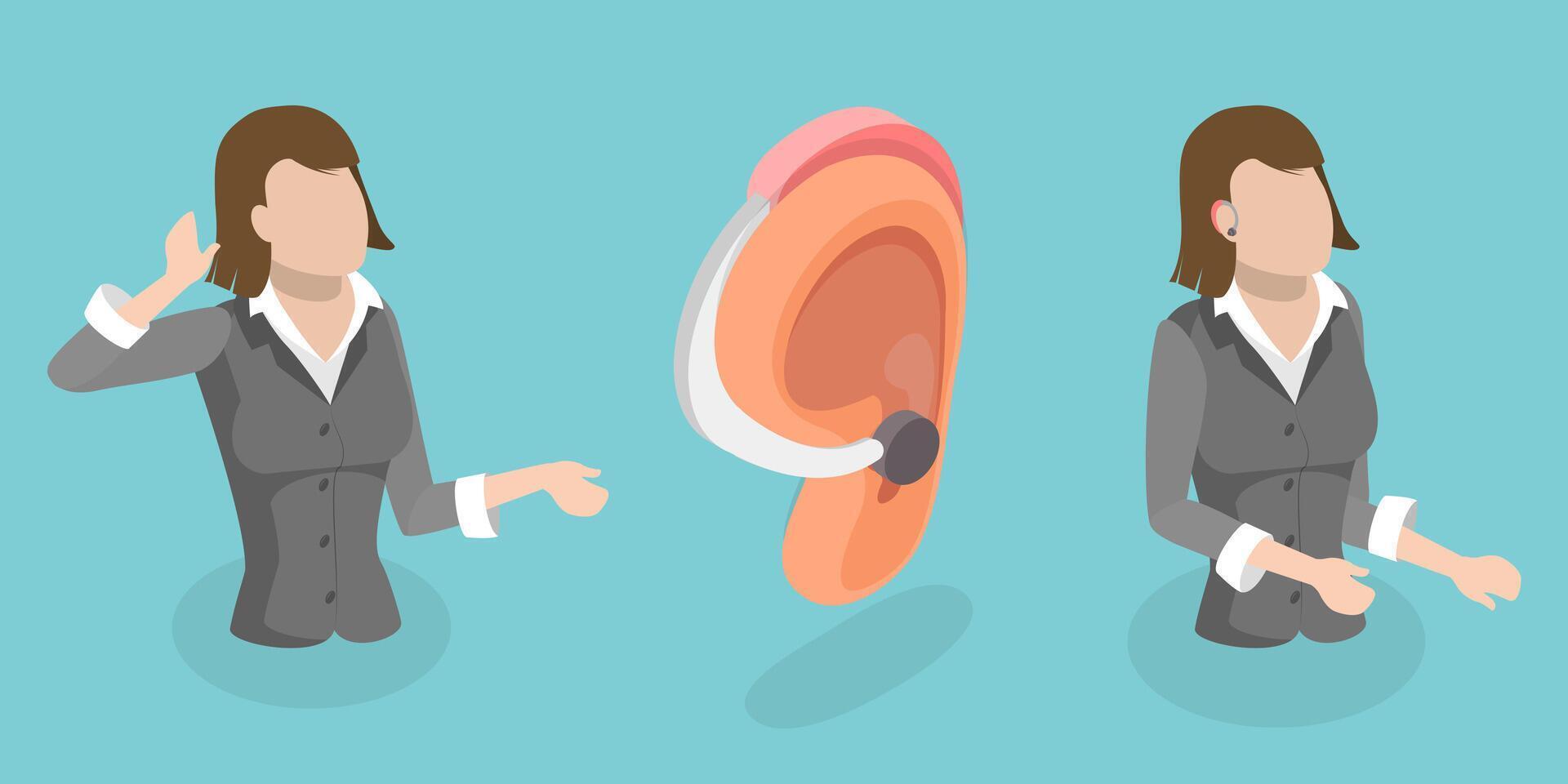 3D Isometric Flat Conceptual Illustration of Deafness And Hear Aid, Hearing Assistence Technology vector