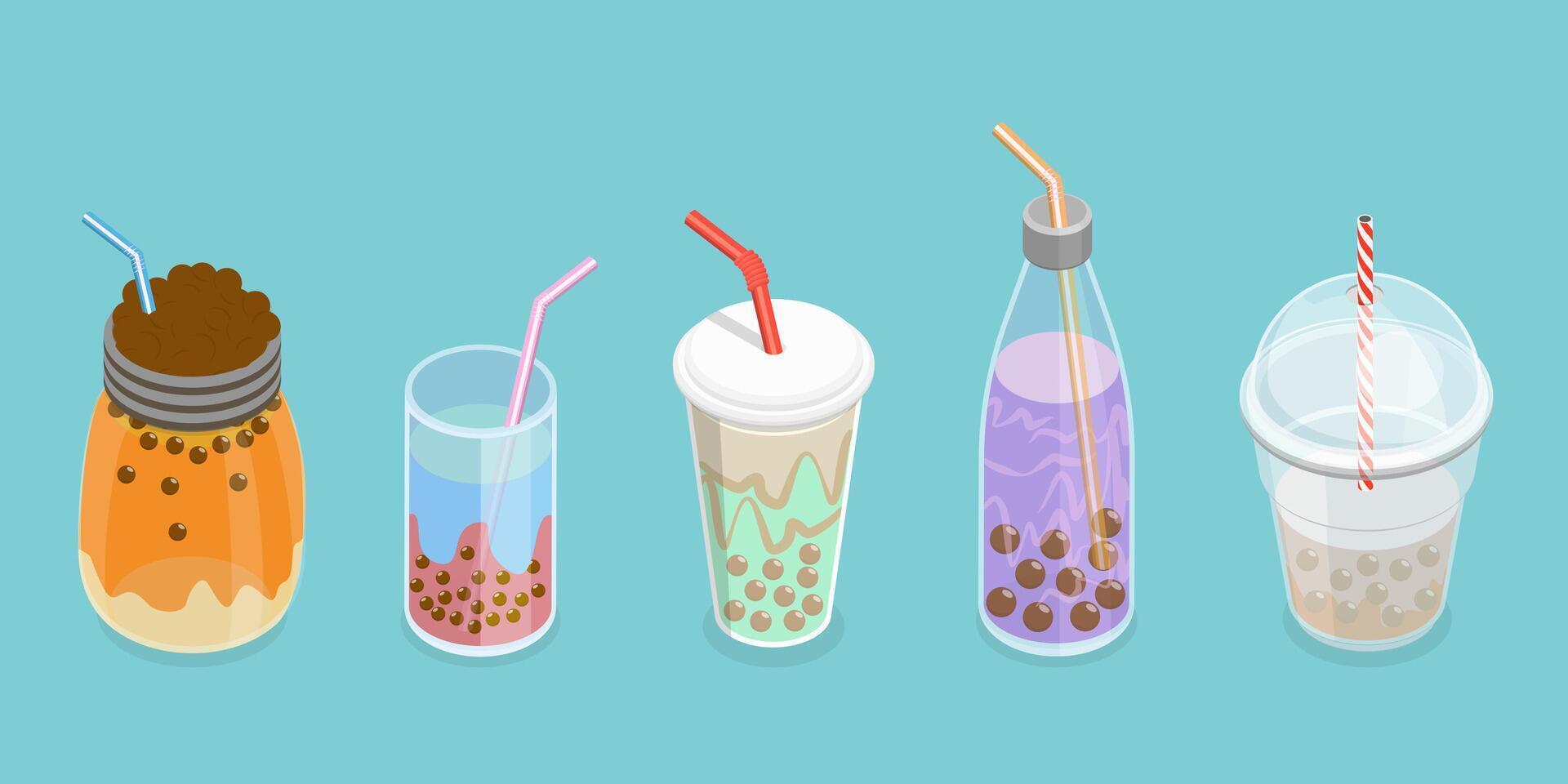 3D Isometric Flat Set of Bubble Tea, Yummy Soft Drink vector