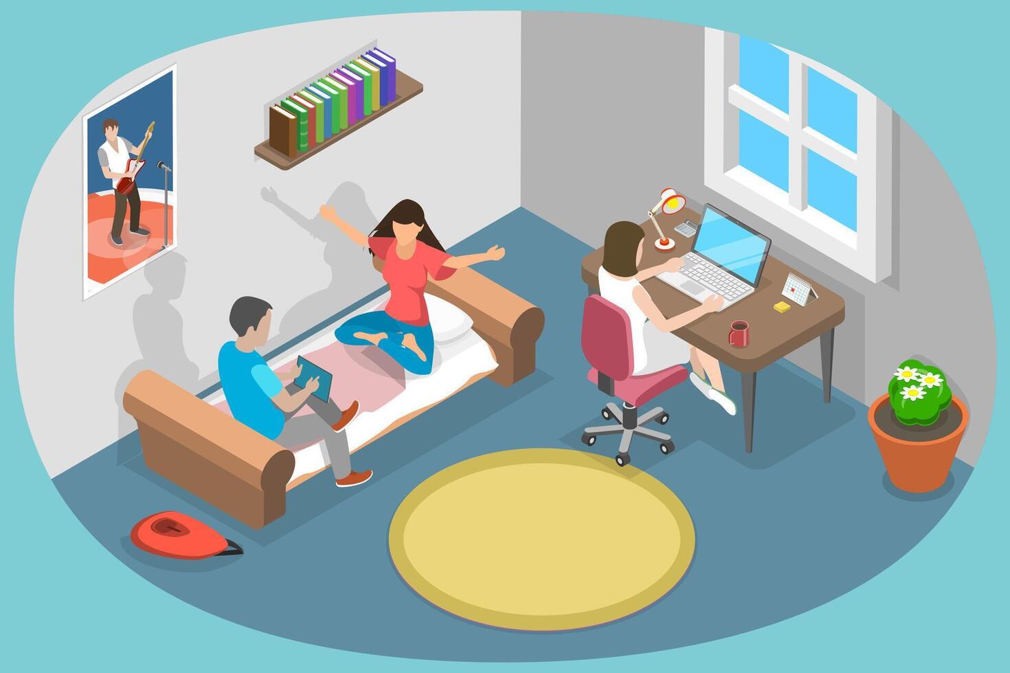 3D Isometric Flat Conceptual Illustration of Student Dormitory, University or College Dorm Room Interior vector