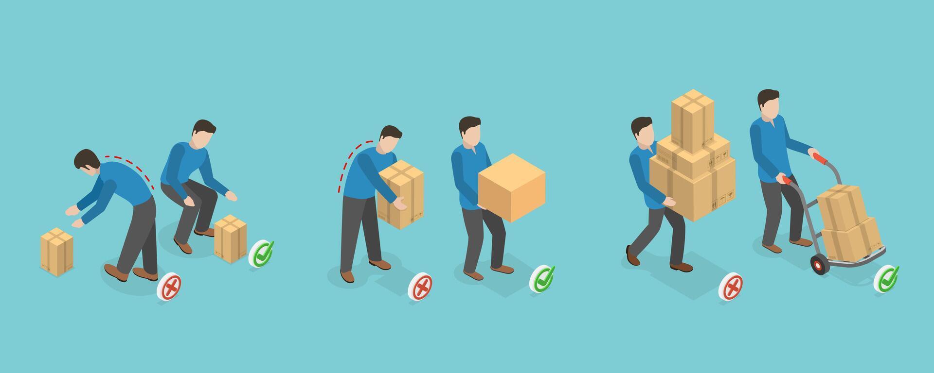 3D Isometric Flat Conceptual Illustration of How To Carry Heavy Goods, Safe and Incorrect Weights Lifting vector