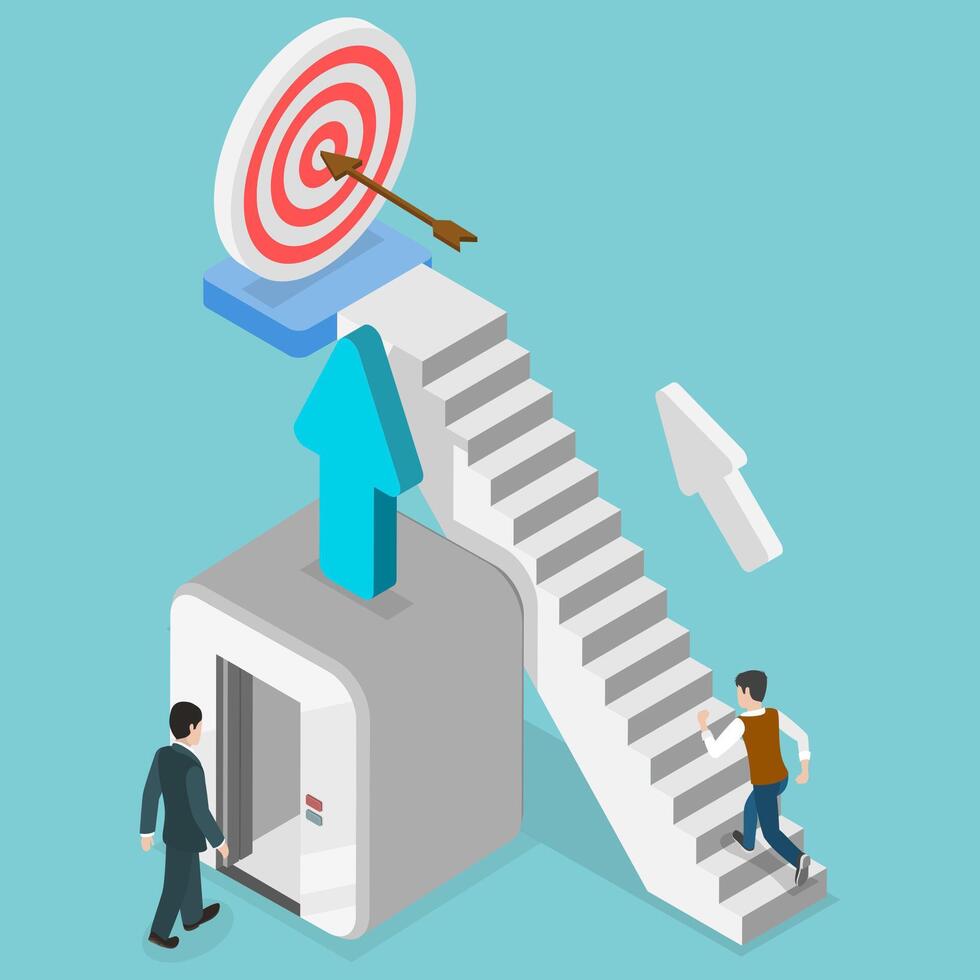 3D Isometric Flat Conceptual Illustration of Elevator To Success, Cheating or Business Advantage vector