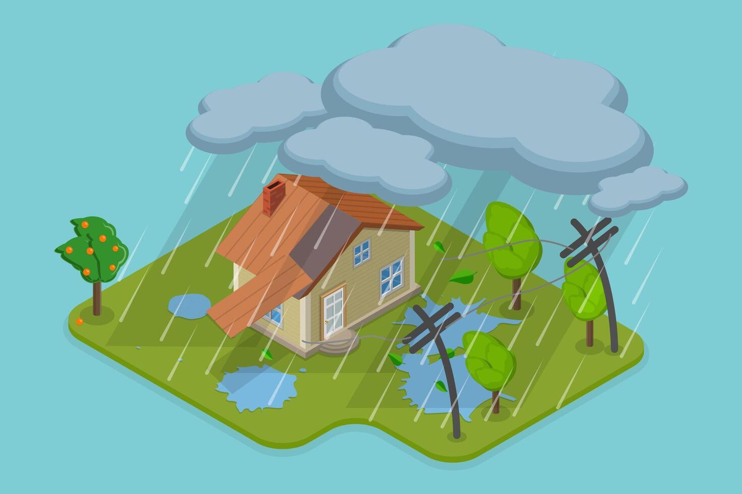 3D Isometric Flat Conceptual Illustration of Thunderstorm and Natural Disaster, Building Damage vector